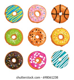 Vector set with bright glazed sweet donuts