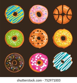 Vector set with bright glazed sweet donuts