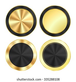 vector set bright glossy gold with a black background of centric circles round of medals that can be used as buttons, banners, labels