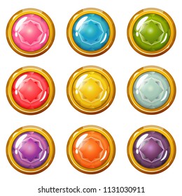 Vector set of bright golden-plated glossy crystal buttons for a game user interface or other design works