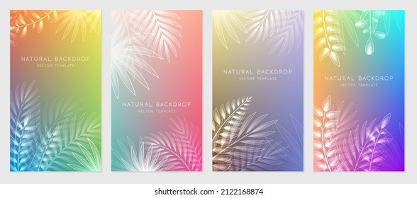 Vector set of bright gradient covers with palm leaves and shiny plants. Design of flyers, banners, card, posters for products of yoga, mental health, meditation, enjoy and concept with positive vibes.