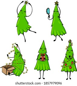 Vector set of bright green Christmas trees on a white background. Vector illustration