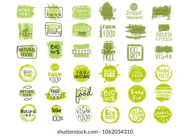 Vector set of bright green stickers with text for packing natural products. Vegan eating. Organic and healthy food signs. Typography design elements