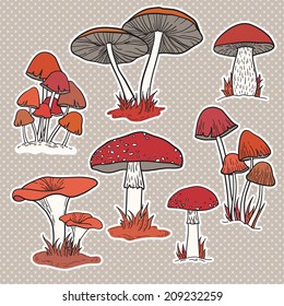 Vector set of bright hand drawn mushrooms