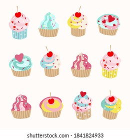 Vector set with bright hand-drawn cakes. Festive composition of sweets with cream, sprinkles, cherries. Muffins for packaging, decoration, poster. Baking in kind cute cartoon style.