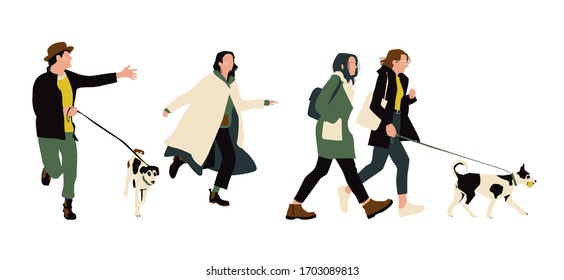 Conjunto de vectores. Brillante ilustración de gente caminando con un perro. Salud y aire fresco
