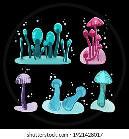 Conjunto vectorial de brillantes ilustraciones de hongos fantásticos con burbujas y gotas sobre un fondo oscuro, colección de pegatinas mágicas, elementos de juego.