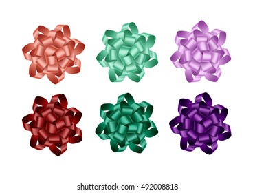 Vector Set of Bright Light Purple Violet Green Emerald Brown Gift Ribbon Bows Close up Isolated on White Background