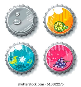 Vector set of bright metallic bottle caps with colorful cartoon juicy drawings on lids. Water drops and grunge textures.  Design elements  isolated on white background