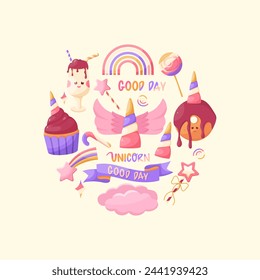 Vector set of bright multi-colored elements. Unicorn, rainbow. Vector illustration