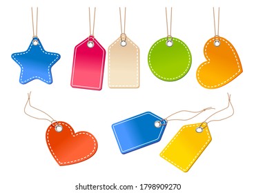 vector set of bright multicolored red, blue, orange, green and yellow price tags on a cord isolated on a white background
