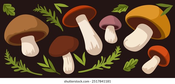 Vector set of bright mushrooms and forest green branches on dark brown background.