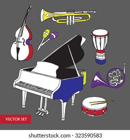 Vector set with bright music instruments