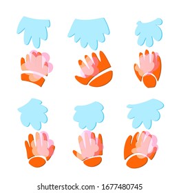 Vector set of bright orange open human palms, washing up with soap and water