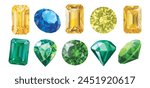 Vector set of bright precious expensive stones of different shapes sapphire diamond ruby ​​crystal carat emerald yellow green blue gold pearl sparkles on a white background