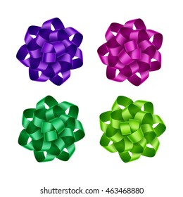 Vector Set of Bright Purple Magenta Dark Pink Green Emerald Gift Ribbon Bows Close up Isolated on White Background