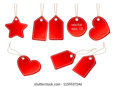 vector set of bright red price tags on a cord on a white background 