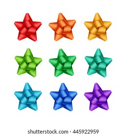 Vector Set of Bright Red Scarlet Orange Yellow Light Blue Azure Green Emerald Purple Violet Gift Ribbon Bows Close up Isolated on White Background