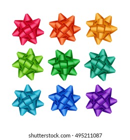 Vector Set of Bright Red Scarlet Orange Yellow Light Blue Azure Green Emerald Purple Violet Gift Ribbon Bows Close up Isolated on White Background