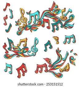 Vector set of  bright retro music page decorations. Page dividers, vintage design elements and page decoration with music notes and treble clefs isolated on white background.