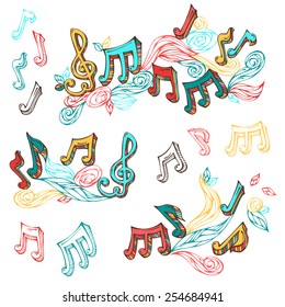 Vector set of  bright retro music page decorations. Page dividers, vintage design elements and page decoration with music notes and treble clefs. Isolated on white background.