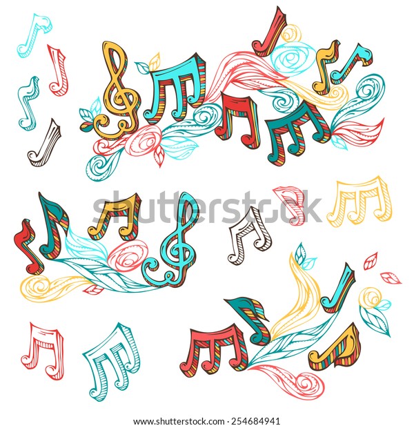 Vector set of \
bright retro music page decorations. Page dividers, vintage design\
elements and page decoration with music notes and treble clefs.\
Isolated on white\
background.