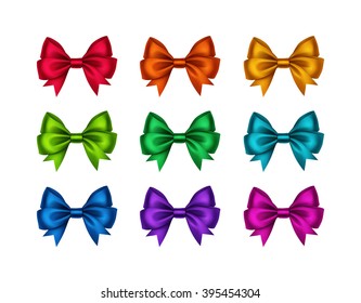 Vector Set of Bright Shiny Red Orange Yellow Pink Turquoise Purple Blue Green Satin Gift Bows Close up Isolated on White Background
