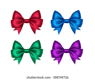 Vector Set of Bright Shiny Red Purple Blue Green Satin Gift Bows Close up Isolated on White Background