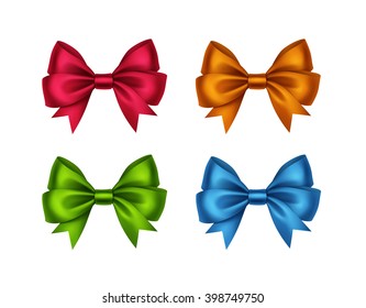 Vector Set of Bright Shiny Red Orange Blue Green Satin Gift Bows Close up Isolated on White Background