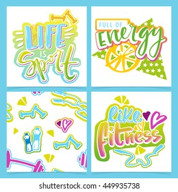 Vector set of bright sport cards. Beautiful posters with fitness activity benefits and hand written text. Journal cards. Seamless pattern with dumbbell, water bottle, skipping rope.