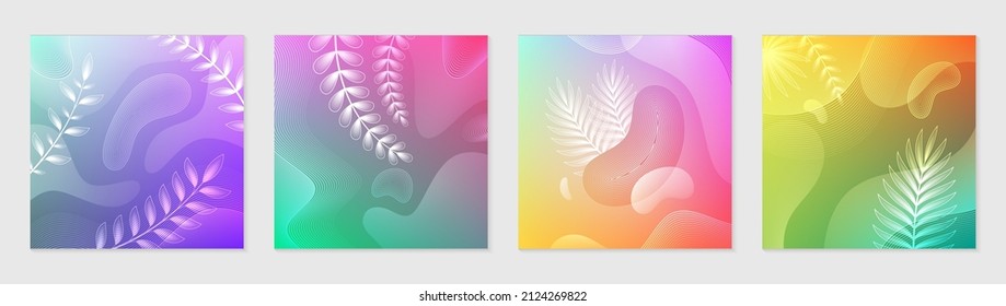 Vector set of bright square gradient covers with plants and fluid liquid shapes. Design of flyers, banners, card for products of yoga, mental health, meditation and concept with positive vibes.