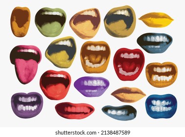 Vector Set Of Bright Stickers With Colored Lips That Smile And Show Tongue And Teeth. Colorful Poster With Collection Of Surprised, Excited, Angry, Singing, Screaming Human Mouths Isolated On White