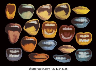 Vector Set Of Bright Stickers With Colored Lips That Smile And Show Tongue And Teeth. Retro-style Poster With Collection Of Surprised, Excited, Angry, Singing, Screaming Human Mouths Isolated On Black