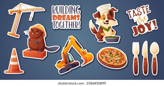 A vector set of bright stickers featuring cute animals, construction equipment, food, and text. Perfect for children's design.  
