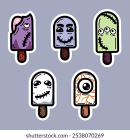 Vector conjunto de pegatinas brillantes con divertidos helados zombie - una colección única para los fanáticos de diseño inusual! Cada pegatina se presenta en colores jugosos y aislados del fondo.