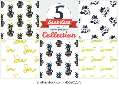 Vector set of bright summer beach vacation elements: pineapples. Set of 5 vector seamless pattern. Chess grid order pattern.