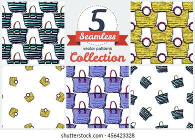 Vector set of bright summer beach bags vacation elements. Set of 5 vector seamless pattern. Chess grid order pattern.