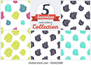 Vector set of bright summer beach vacation elements: leaves. Palm branch and leaves. Set of 5 vector seamless pattern. Chess grid order pattern.