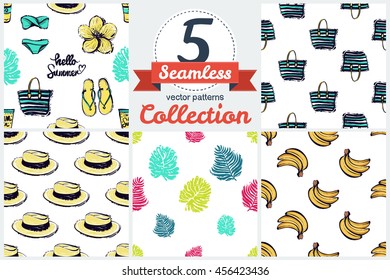 Vector set of bright summer beach vacation elements: hats, bags and other beach accessories. Set of 5 vector seamless pattern. Chess grid order pattern.