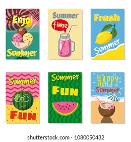 Vector set of bright summer cards. Beautiful summer posters with pineapple, watermelon, lemon, palm leaves and hand written text. Journal cards. Cartoon style