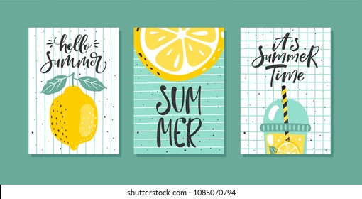 Vector set of bright summer cards. Posters with lemon, lemon slice, lemonade and hand written text.