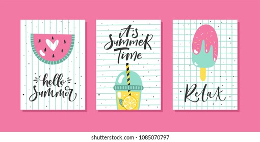 Vector set of bright summer cards. Posters with watermelon, ice cream, lemonade and hand written text.