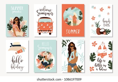 Vector set of bright summer cards. Beautiful posters with girl, pineapple, palm leaves, coconut, hello and hand written text.