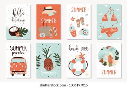 Vector set of bright summer cards. Beautiful posters with girl, pineapple, palm leaves, coconut, hello and hand written text.