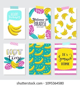 Vector set of bright summer cards. Beautiful summer posters with bananas, palm leaves, phrases. Journal cards.