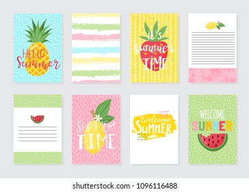 Vector set of bright summer cards. Beautiful summer posters with bananas, palm leaves, phrases. Journal cards.