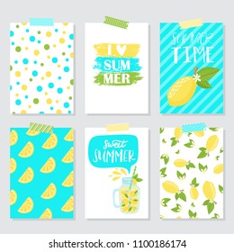 Vector set of bright summer cards. Beautiful summer posters with lemon, palm leaves and hand written text. Journal cards.