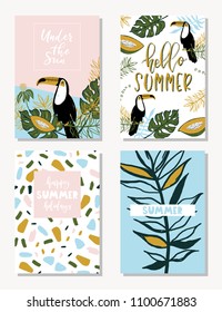 Vector set of bright summer cards. Beautiful posters with toucan, mango, palm leaves, hello and hand written text.