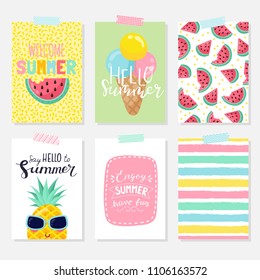 Vector set of bright summer cards. Beautiful summer posters with bananas, palm leaves, phrases. Journal cards.