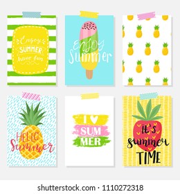 Vector set of bright summer cards. Beautiful summer posters with bananas, palm leaves, phrases. Journal cards.